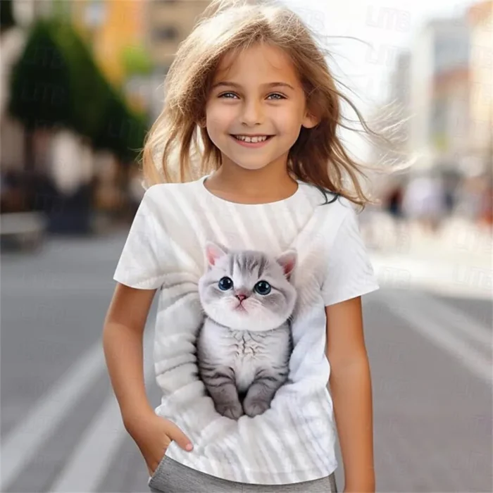 Kids Girls' Clothes 3D Cat Print Tee Shirt - Image 4